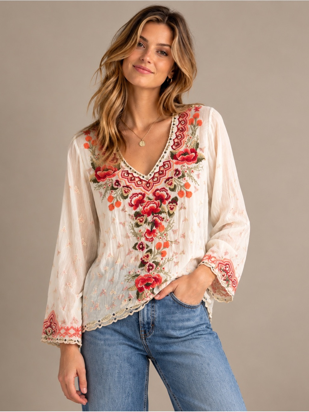 Johnny Was Embroidered Floral Boho Blouse Sheer Ivory V-Neck Tunic Size L